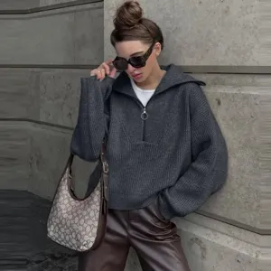 Vrouwen effen kleur revers rits gebreide trui casual losse lange mouw pullover