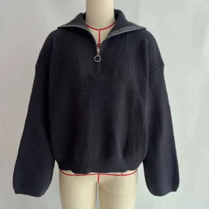 Gedetailleerd uitzicht op de donkergrijze half-zip gebreide trui kraag en geribbelde stof.
