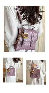 Zaino viola con pois dolce per donne, borsa a tracolla multifunzionale e borsa a mano.