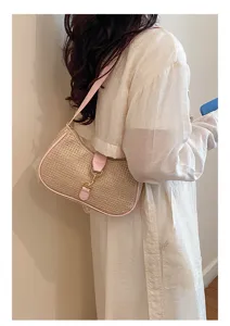 French style woven hobo shoulder bag for women, chic vintage underarm purse with pink trim.
