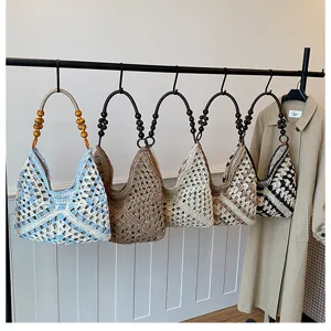 Zomerse strooien gehaakte shopper tas met kraal handvatten, casual strand schoudertas dames.