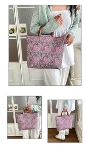 Sac cabas imprime paisley classique avec poignee en bambou, grande capacite pour le travail.