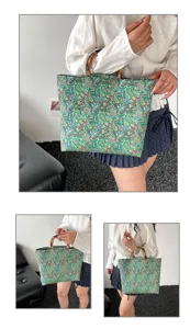 Sac cabas à fleurs avec anses en bambou, grand sac à main élégant pour le travail quotidien.