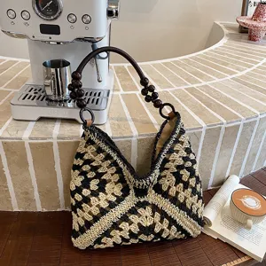 Dames Zomer Grote Capaciteit Stro Gevlochten Tote Bag Handgemaakte Gehaakte Schoudertas Met Houten Kralen Casual Vakantie