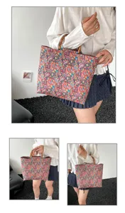 Grand sac cabas à fleurs avec poignées en bambou, sac à main élégant pour femme au quotidien.