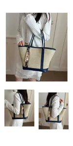 Detailed view of the women summer straw woven tote bag with blue leather trim and cute wooden beads.