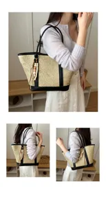 Summer straw woven tote bag with black leather trim, chic shoulder bag detail view.