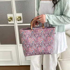 Mujeres Gran Capacidad Bolso Tote Floral Vintage Paisley Estampado Bolso de Mano Con Mango de Bambú Bolsa Casual