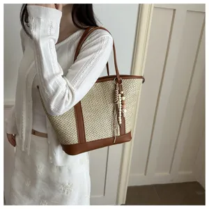 Stylish women straw woven tote bag summer beach shoulder bag casual fashion handbag