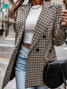 Women retro houndstooth plaid blazer jacket stylish autumn casual outerwear fashion street outfit