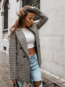 Women vintage houndstooth blazer autumn coat casual stylish streetwear top apparel