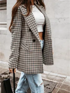 Stylish houndstooth double breasted blazer for women, perfect autumn vintage outerwear coat.
