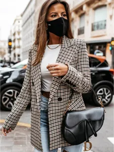 Women's autumn retro houndstooth blazer jacket, classic lapel double-breasted outerwear.