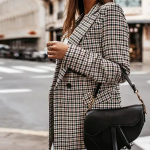 Women autumn retro houndstooth blazer jacket casual double breasted outerwear fashion top