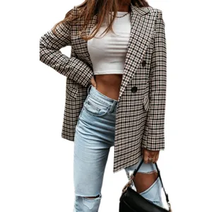 Women's autumn vintage plaid blazer jacket, elegant double-breasted outerwear for daily wear.