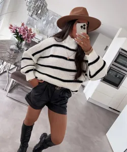 Femme pull rayé col montant décontracté manches longues pull en tricot ample haut chic