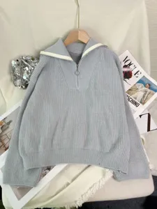 Effen gebreide trui met ritsslaper en kraag voor dames, casual losse lange mouw top.