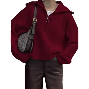 Dames effen gebreide truien met ritsslage kraag, casual losse winterse trui top.