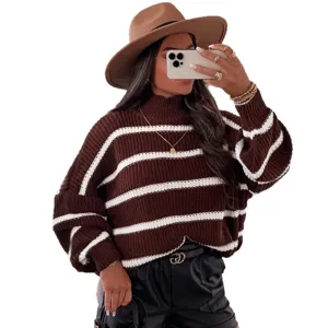 Pull-over en maille a rayures marron et blanc pour femme col haut decontracte et chic mode.