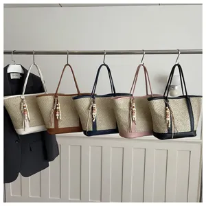 Stylish women straw woven tote bag summer beach shoulder bag with tassel charm multi colors