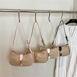 Woven hobo shoulder bag detail, stylish crescent design with contrasting PU leather trim.