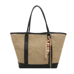 Women summer straw woven tote bag stylish PU leather patchwork shoulder handbag with wood beads.