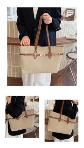 Canvas tote bag large capacity shoulder bag retro casual commuter work daily handbag style.