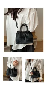 Detailed view of the stylish plaid bucket handbag showcasing versatile wear ways and metal buckle.