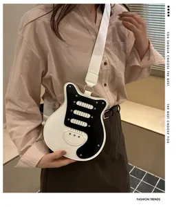Guitar shape women contrast color crossbody bag, stylish casual unique shoulder bag detail view.