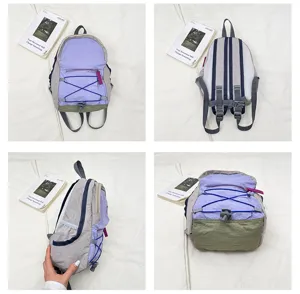 Lightweight casual backpack details showing multi-angle views, straps, zippers and bungee cords.