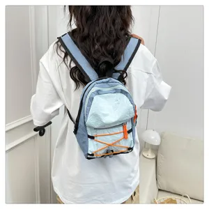 Casual mini backpack for women light blue travel daypack daily school bag with cord