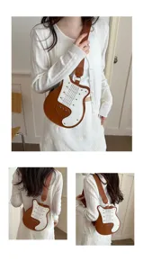 Stylish guitar shaped women crossbody bag, unique color block PU leather single shoulder bag.