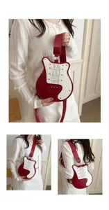 Detail view of a creative guitar-shaped crossbody bag in striking red and white color block.