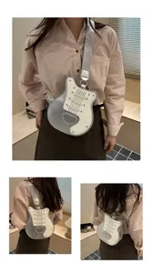 Guitar shape crossbody bag, stylish color block PU leather shoulder bag for women daily use.