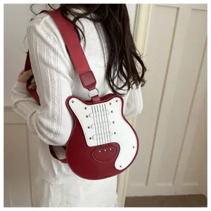 Unique guitar-shaped women contrast color crossbody bag, stylish fashion casual shoulder bag.