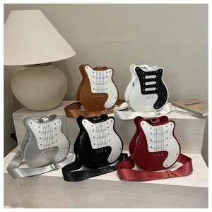 Novelty guitar shaped cross body bag for women, stylish color block casual shoulder bag.
