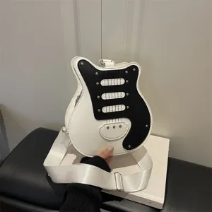Women Guitar Shaped Crossbody Bag Color Block PU Leather Shoulder Bag Personalized Niche Casual Rivet Sewing Line Purse