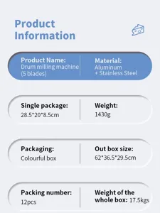 Detail specifications and packaging dimensions for multi-functional drum milling machine.