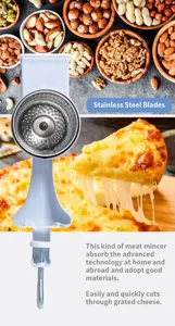 Detailed view of manual rotary cheese shredder with stainless steel blades for kitchen nuts.