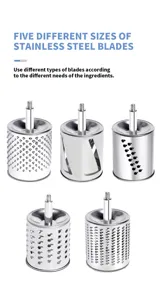 Stainless steel replacement drum blades for rotary cheese grater, set of five sizes.