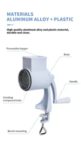 Manual rotary cheese and nut roller grinder detail showing aluminum alloy and plastic structure.