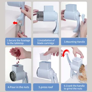 Manual nut grinder and cheese grater with multi-functional roller blades and secure table clamp.