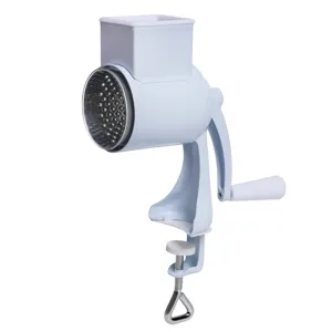 Manual rotary cheese grater and nut grinder with hand crank for daily kitchen food prep.