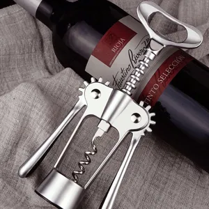 Stainless steel wing corkscrew wine bottle opener for home kitchen and bar use, durable tool.
