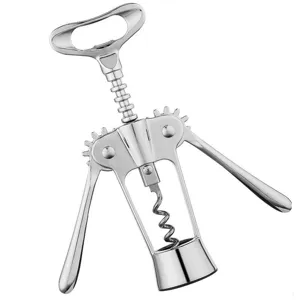 Detailed shot of the silver metal corkscrew showing polished surface and functional gear mechanism.