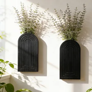 Bohemian Minimalist Black Wood Geometric Arch Wall Hanging Floating Shelf Grooved Lines Pocket Vase Wooden Craft Home Decor