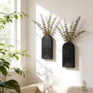 Black wooden wall hanging vase set for bohemian home decor and dry flower display