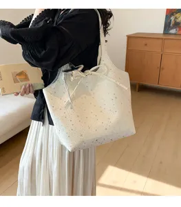Korean style star print canvas tote bag, large capacity casual shoulder bag with star pendant.
