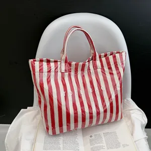 Striped Tote Bag For Women Large Capacity Transparent Waterproof PVC Cotton Linen Shoulder Bag Casual Fashion Shopping Beach Handbag