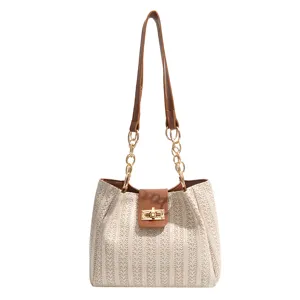 Sac porté épaule tissé pour femme, cabas décontracté avec lanière chaîne et fermoir tournant.